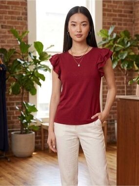 Marc New York Red Ruffle Sleeve Knit Top Crew Neck Blouse - Size Large